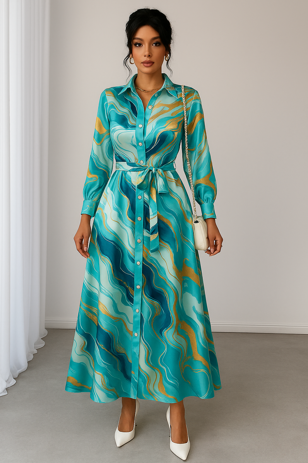 MyWestern Aqua Marble Print Shirt Dress