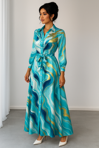 MyWestern Aqua Marble Print Shirt Dress