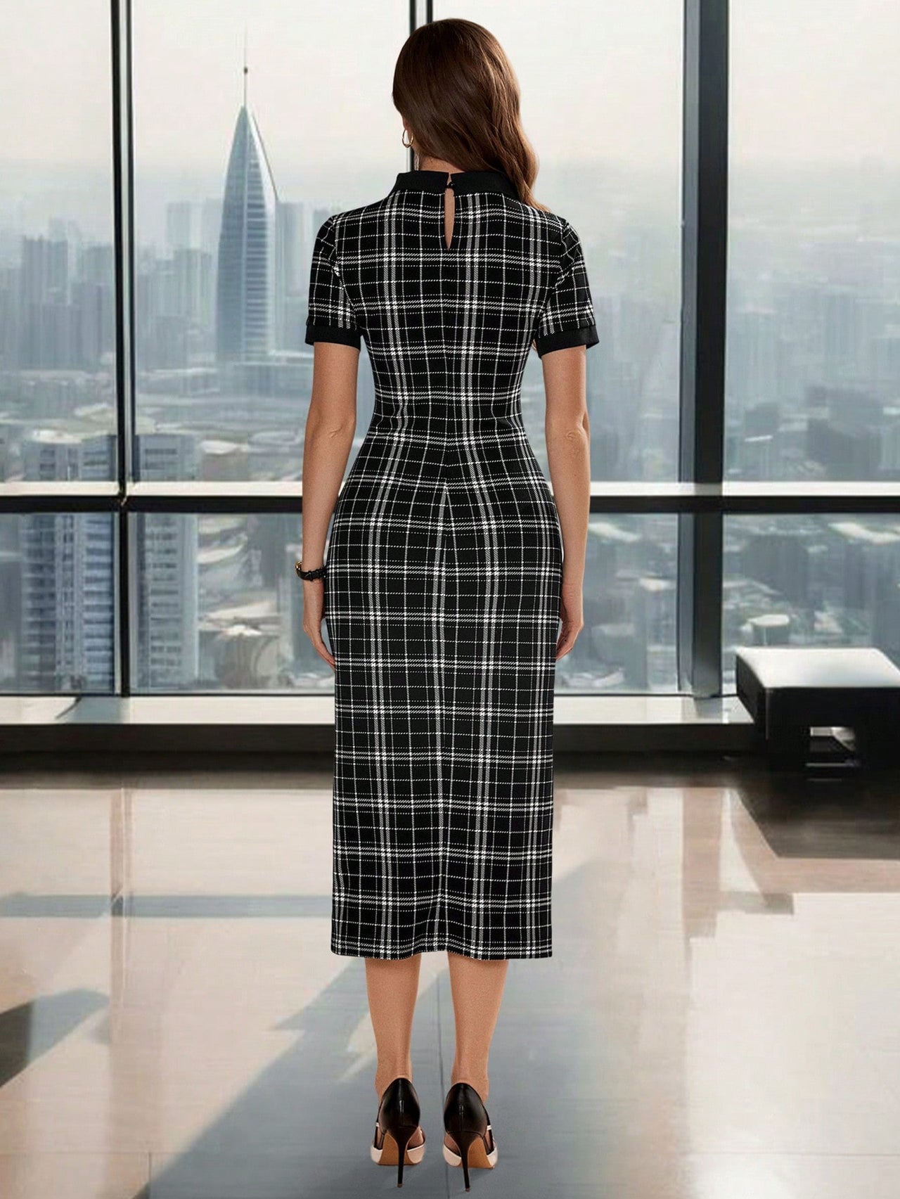 City Sleek Check Midi Dress – Power Style, Tailored to Impress