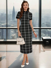 City Sleek Check Midi Dress – Power Style, Tailored to Impress