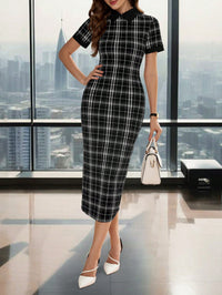 City Sleek Check Midi Dress – Power Style, Tailored to Impress