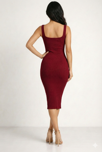 MyWestern Women’s Wine Ribbed Bodycon Midi Dress – Stretch Fit Party Wear