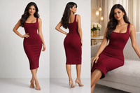 MyWestern Women’s Wine Ribbed Bodycon Midi Dress – Stretch Fit Party Wear