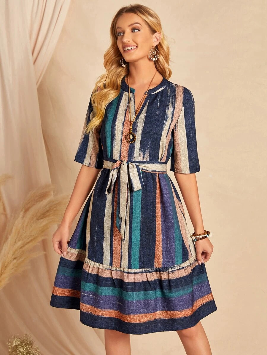 My Western Brush Print Belted Ruffle Hem Dress