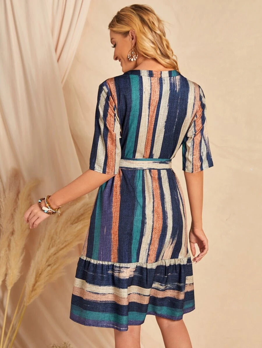 My Western Brush Print Belted Ruffle Hem Dress My Western
