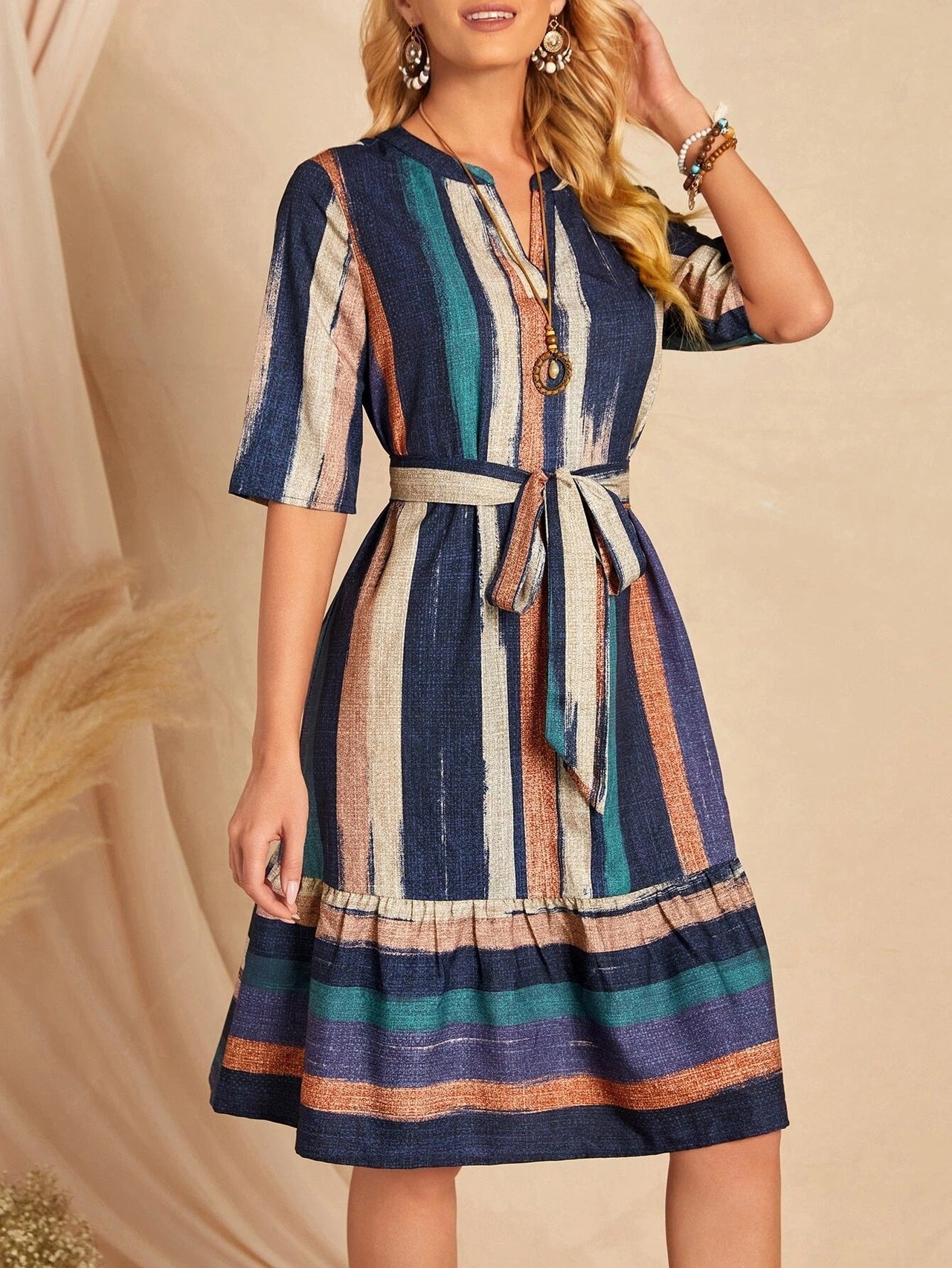 My Western Brush Print Belted Ruffle Hem Dress My Western