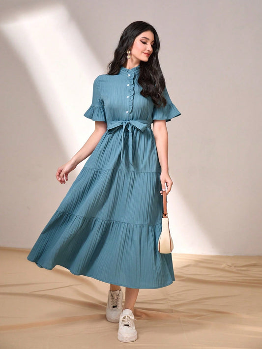 My Western Flounce Sleeve Ruffle Hem Belted Dress