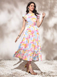 My Western Round Neck Tie Ruffle Hem A Line Dress Short Sleeve Long Dress My Western