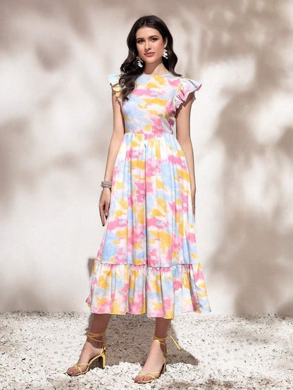 My Western Round Neck Tie Ruffle Hem A Line Dress Short Sleeve Long Dress