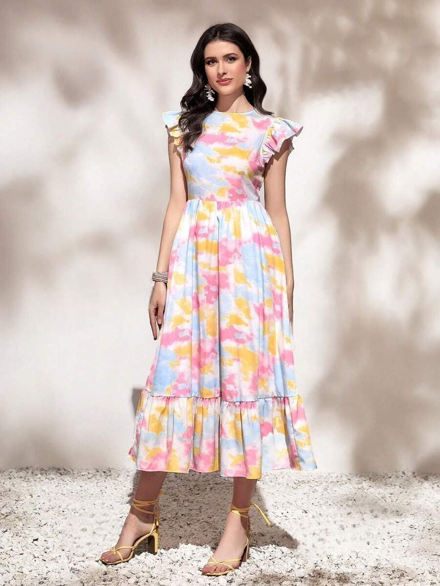 My Western Round Neck Tie Ruffle Hem A Line Dress Short Sleeve Long Dress My Western
