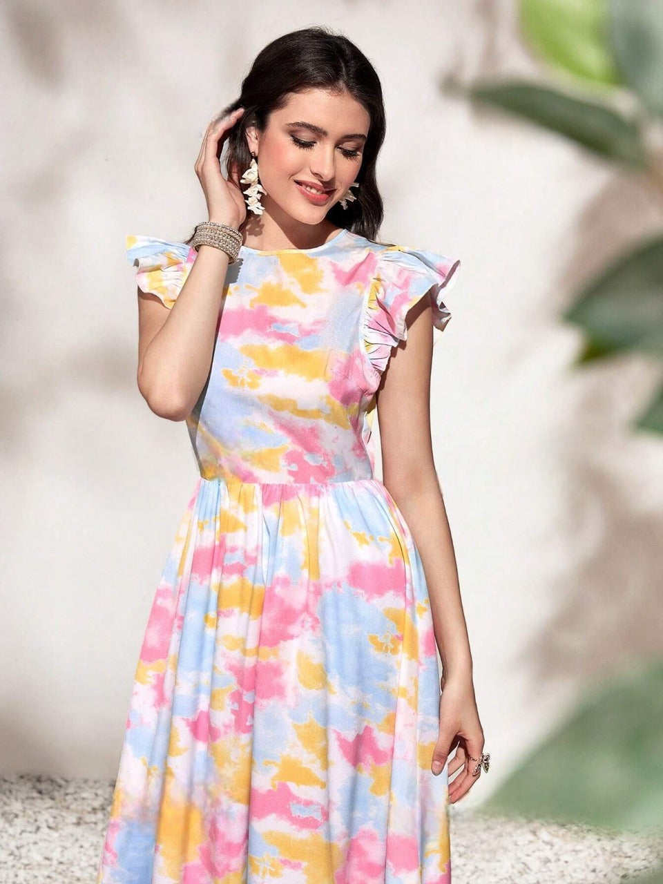 My Western Round Neck Tie Ruffle Hem A Line Dress Short Sleeve Long Dress My Western