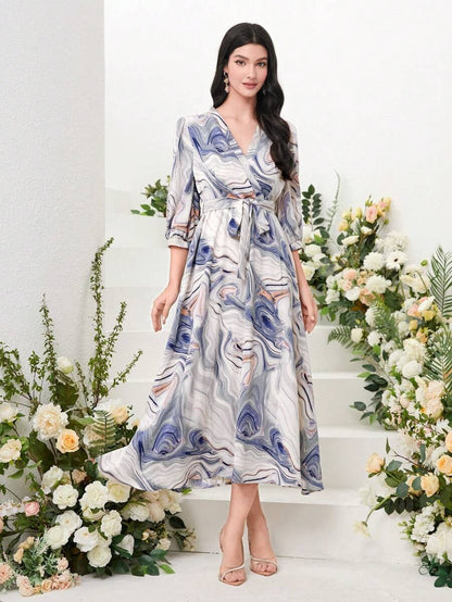 My Western Marble Print Surplice Neck Belted Dress