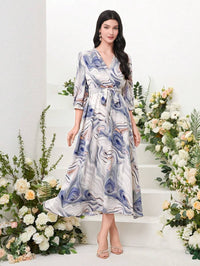 My Western Marble Print Surplice Neck Belted Dress My Western