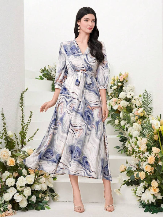 My Western Marble Print Surplice Neck Belted Dress