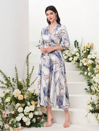 My Western Marble Print Surplice Neck Belted Dress My Western