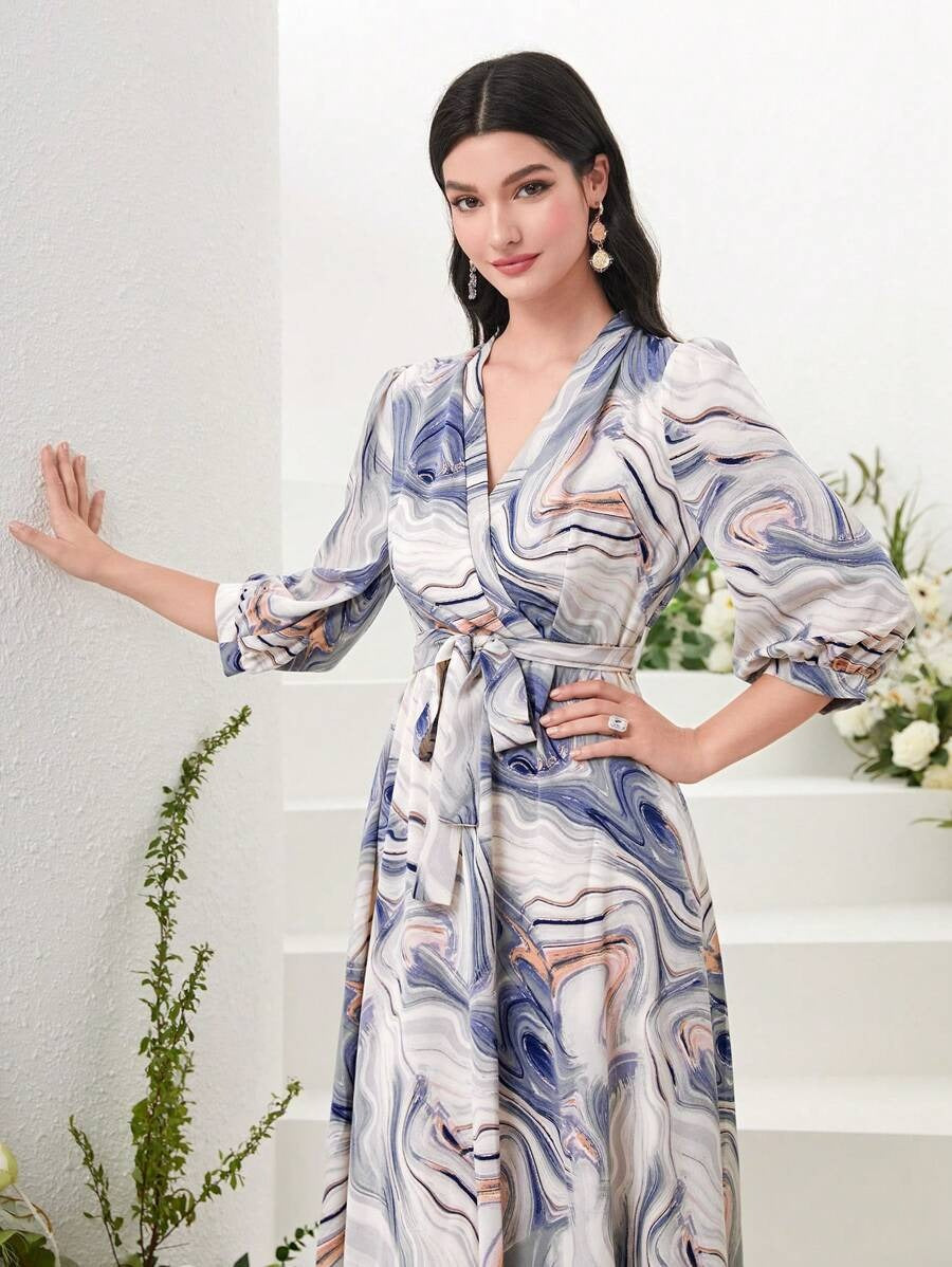 My Western Marble Print Surplice Neck Belted Dress