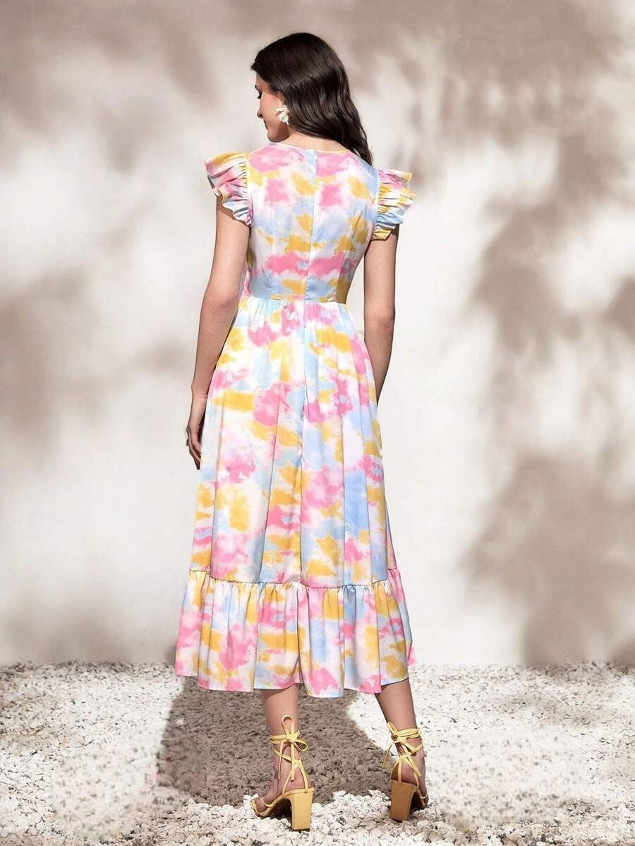 My Western Round Neck Tie Ruffle Hem A Line Dress Short Sleeve Long Dress My Western