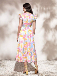 My Western Round Neck Tie Ruffle Hem A Line Dress Short Sleeve Long Dress My Western