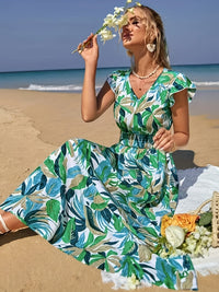 MyWestern Tropical Leaf Print Beach Maxi Dress My Western