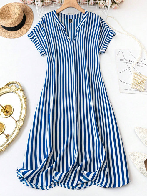 My Western Summer Casual Striped Notched Neck Short Sleeve Midi Dress