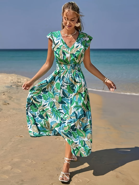 MyWestern Tropical Leaf Print Beach Maxi Dress