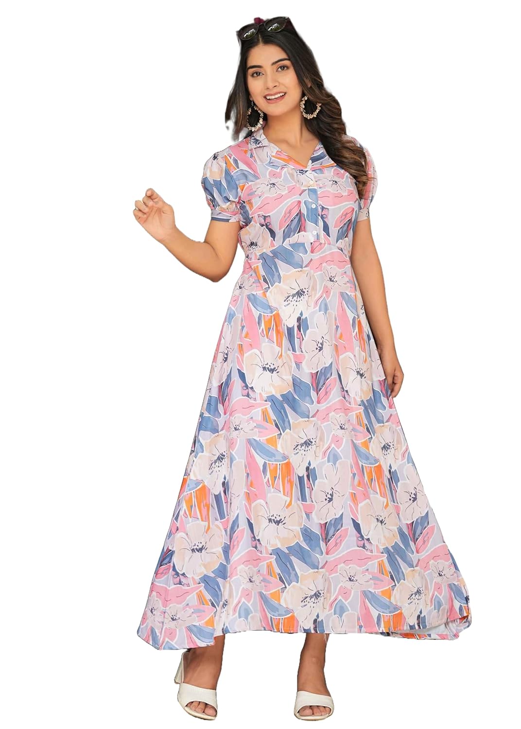 Women's Rayon Fit and Flare Printed Cap Sleeve V-Neck Casual Maxi Dress My Western