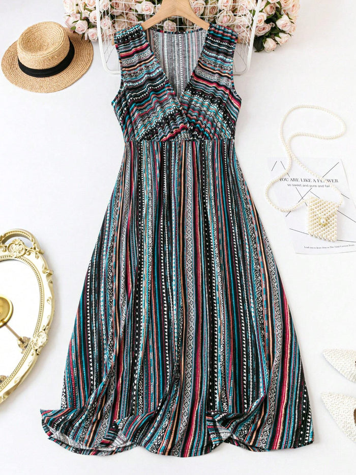 MyWestern striped V-neck sleeveless waist-tie dress - front view