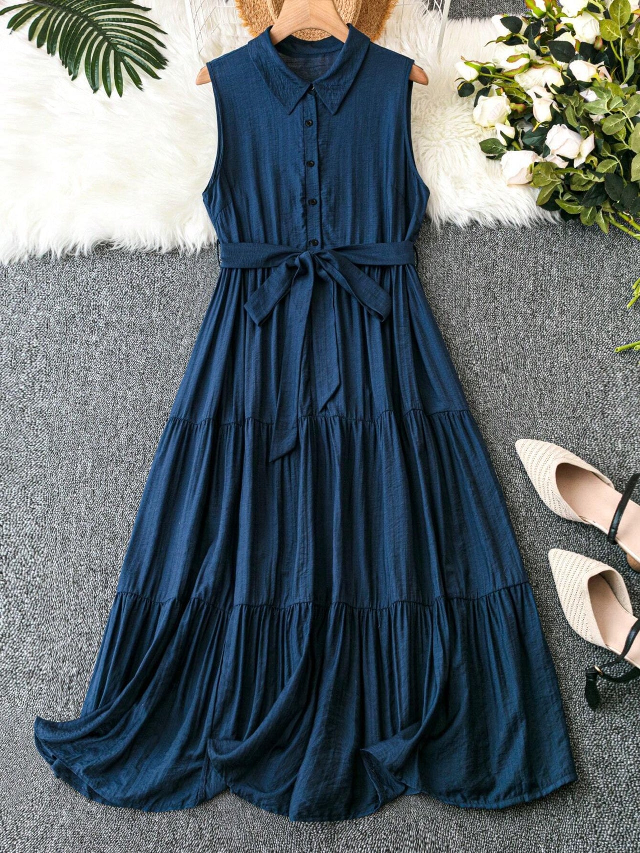 My Western Plus Solid Tiered Hem Belted Maxi Dress My Western