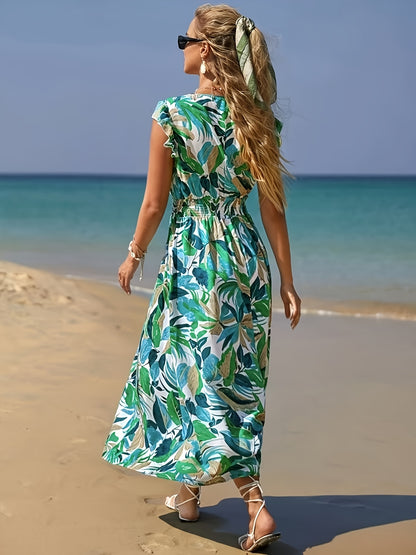 MyWestern Tropical Leaf Print Beach Maxi Dress