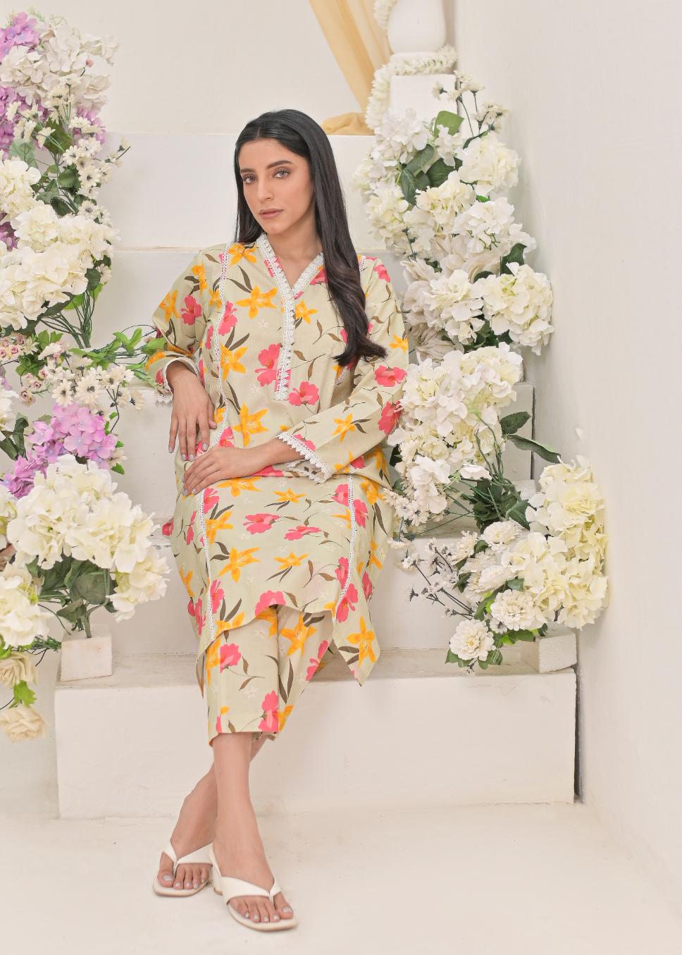 My Western Women's Rayon Floral Printed V-Neck Kurta With Trousers Co-Ord Set/Cotton Cord Set for Women My Western