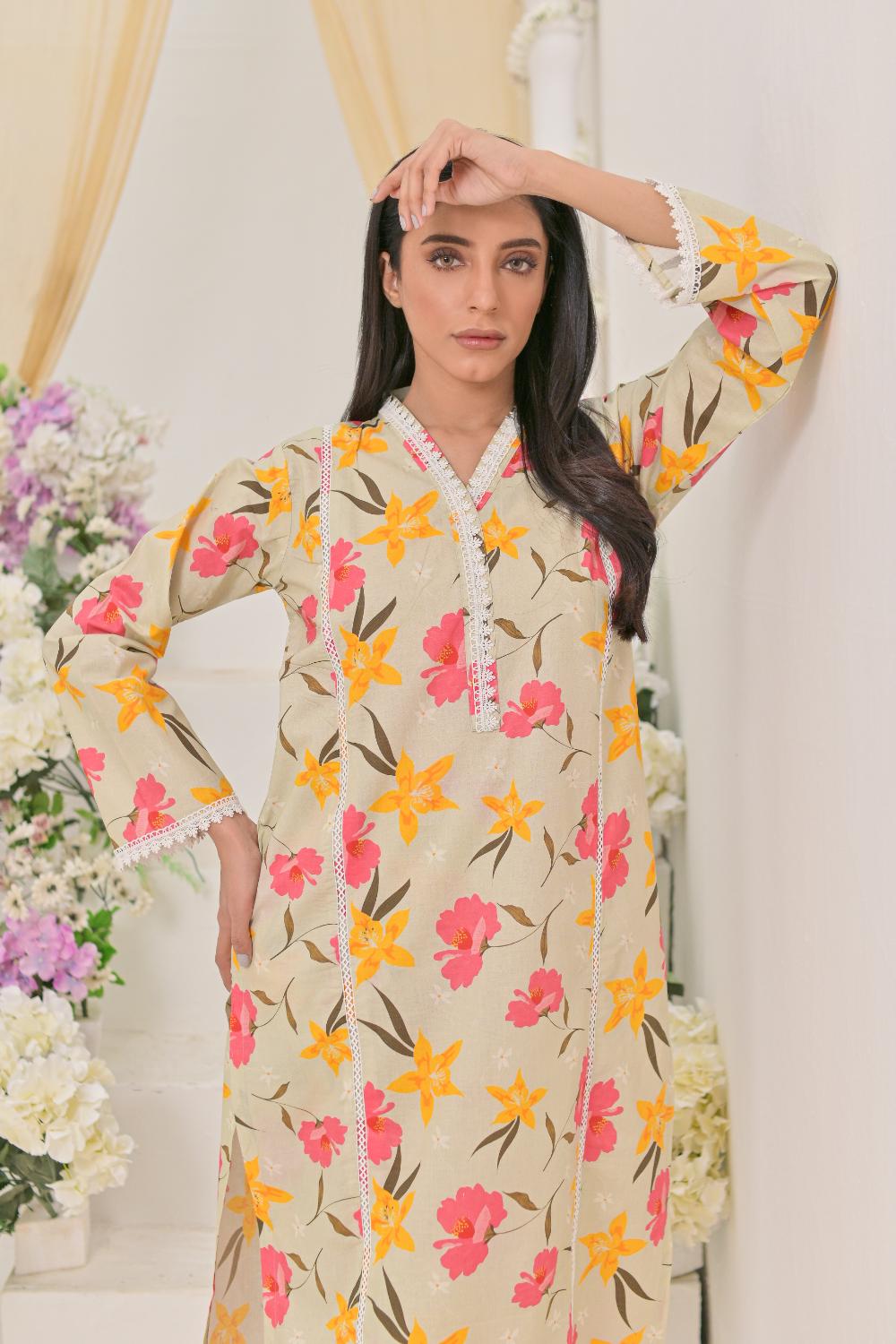 My Western Women's Rayon Floral Printed V-Neck Kurta With Trousers Co-Ord Set/Cotton Cord Set for Women My Western