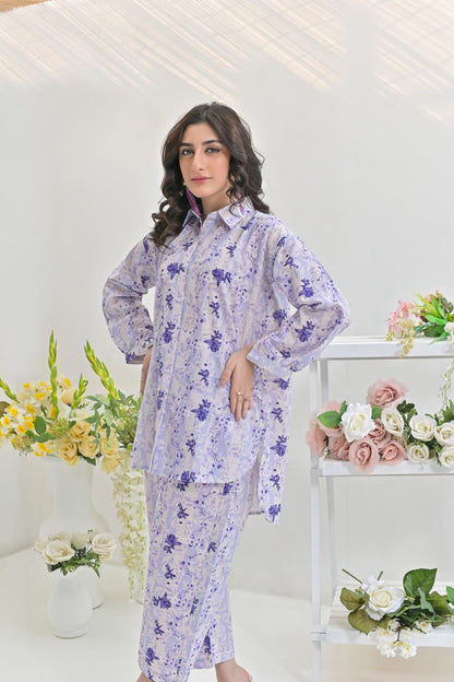 My Western Women's Cotton Floral Printed Shirt Collar Tunic with Trousers Co-Ord Set/Cotton Cord Set for Women