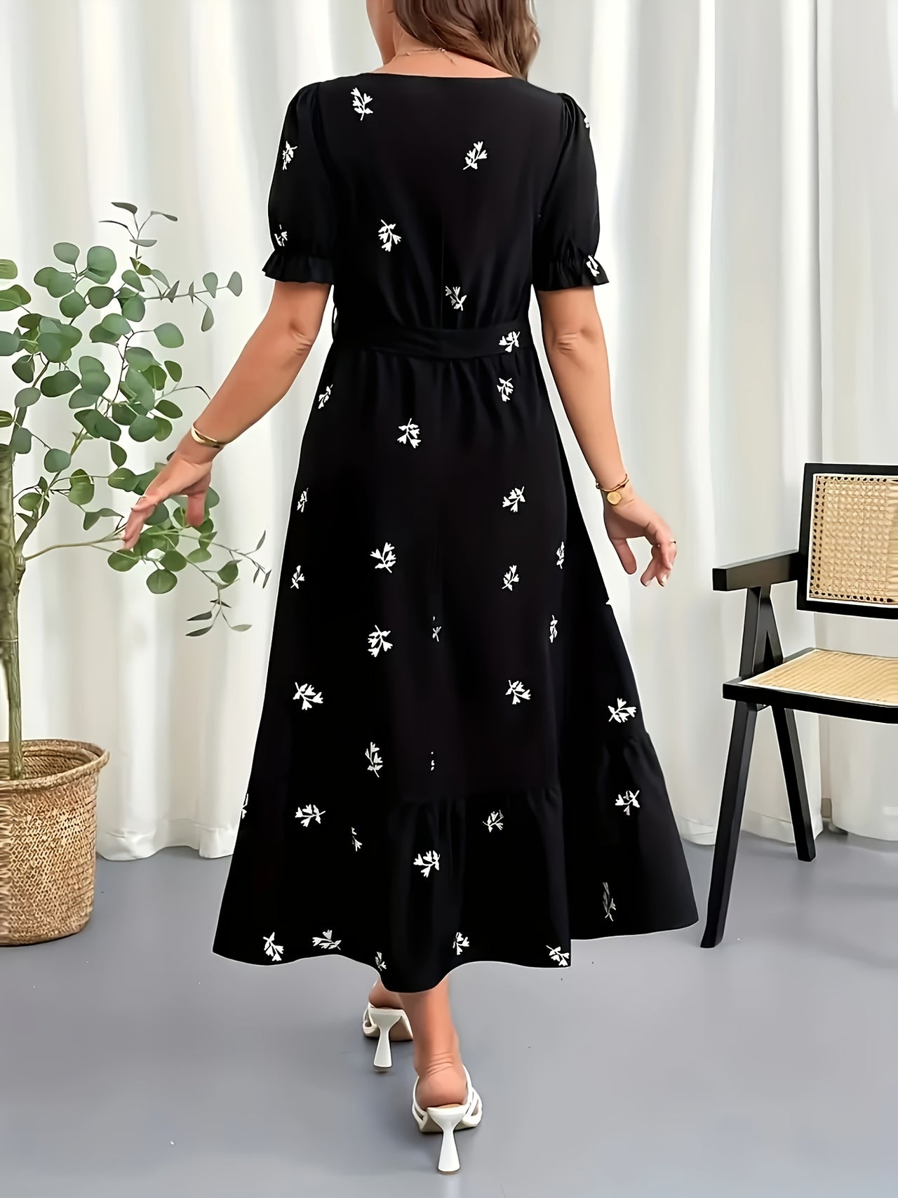 MyWestern Midnight Bloom Square-Neck Dress – Effortless Elegance in Black