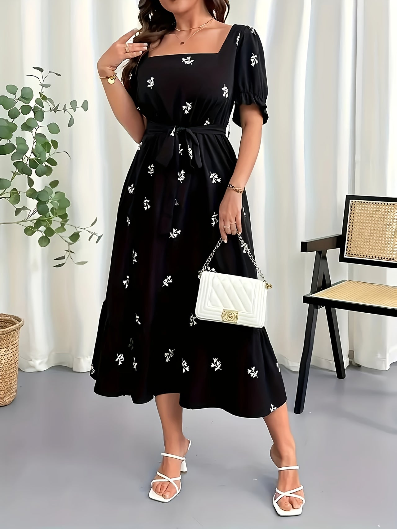 MyWestern Midnight Bloom Square-Neck Dress – Effortless Elegance in Black