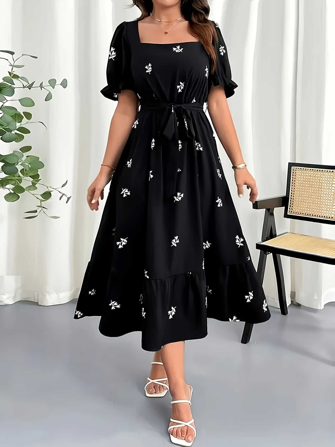 MyWestern Midnight Bloom Square-Neck Dress – Effortless Elegance in Black