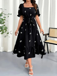 MyWestern Midnight Bloom Square-Neck Dress – Effortless Elegance in Black