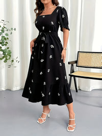 MyWestern Midnight Bloom Square-Neck Dress – Effortless Elegance in Black