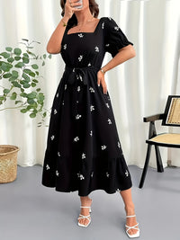 MyWestern Midnight Bloom Square-Neck Dress – Effortless Elegance in Black