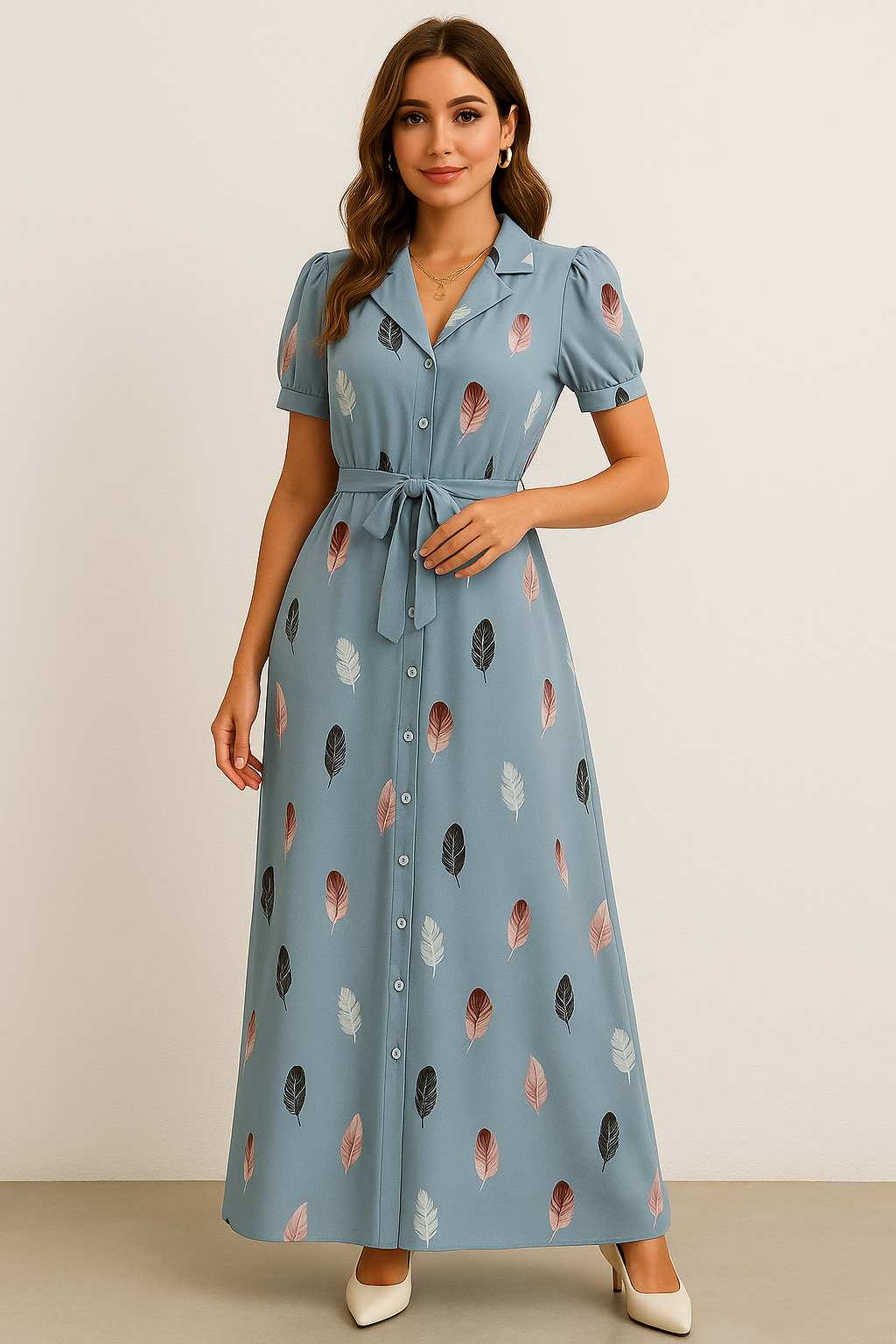 Rayon Shirt Dress for Women with Abstract Leaf Print | Button Down Casual Maxi Dress