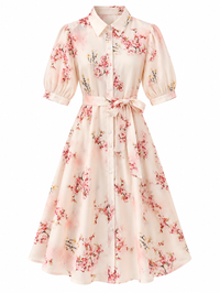 Blush Pink Cherry Blossom Printed Shirt Midi Dress