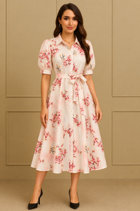 Blush Pink Cherry Blossom Printed Shirt Midi Dress