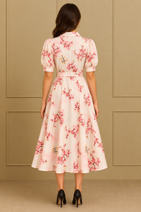 Blush Pink Cherry Blossom Printed Shirt Midi Dress