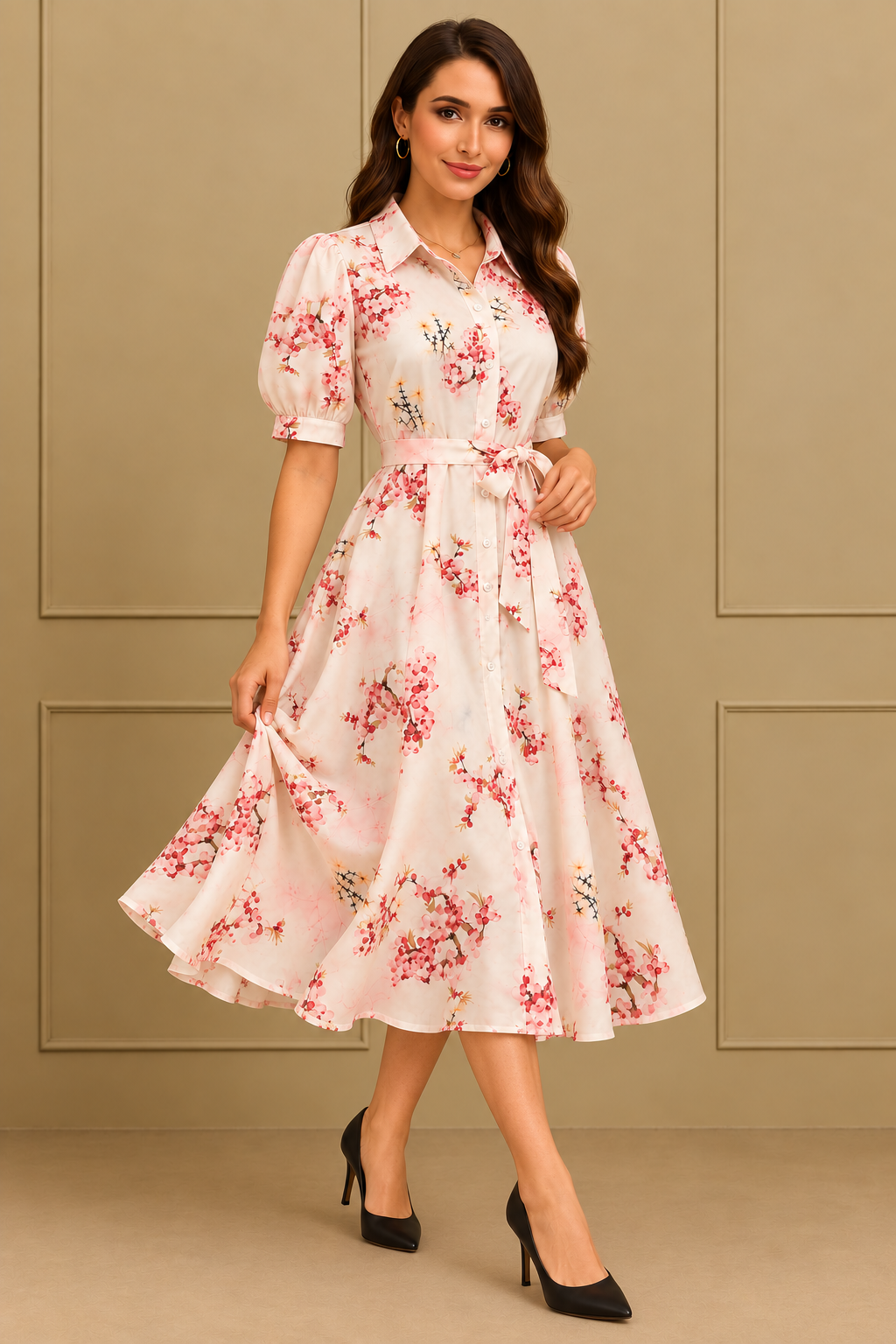 Blush Pink Cherry Blossom Printed Shirt Midi Dress