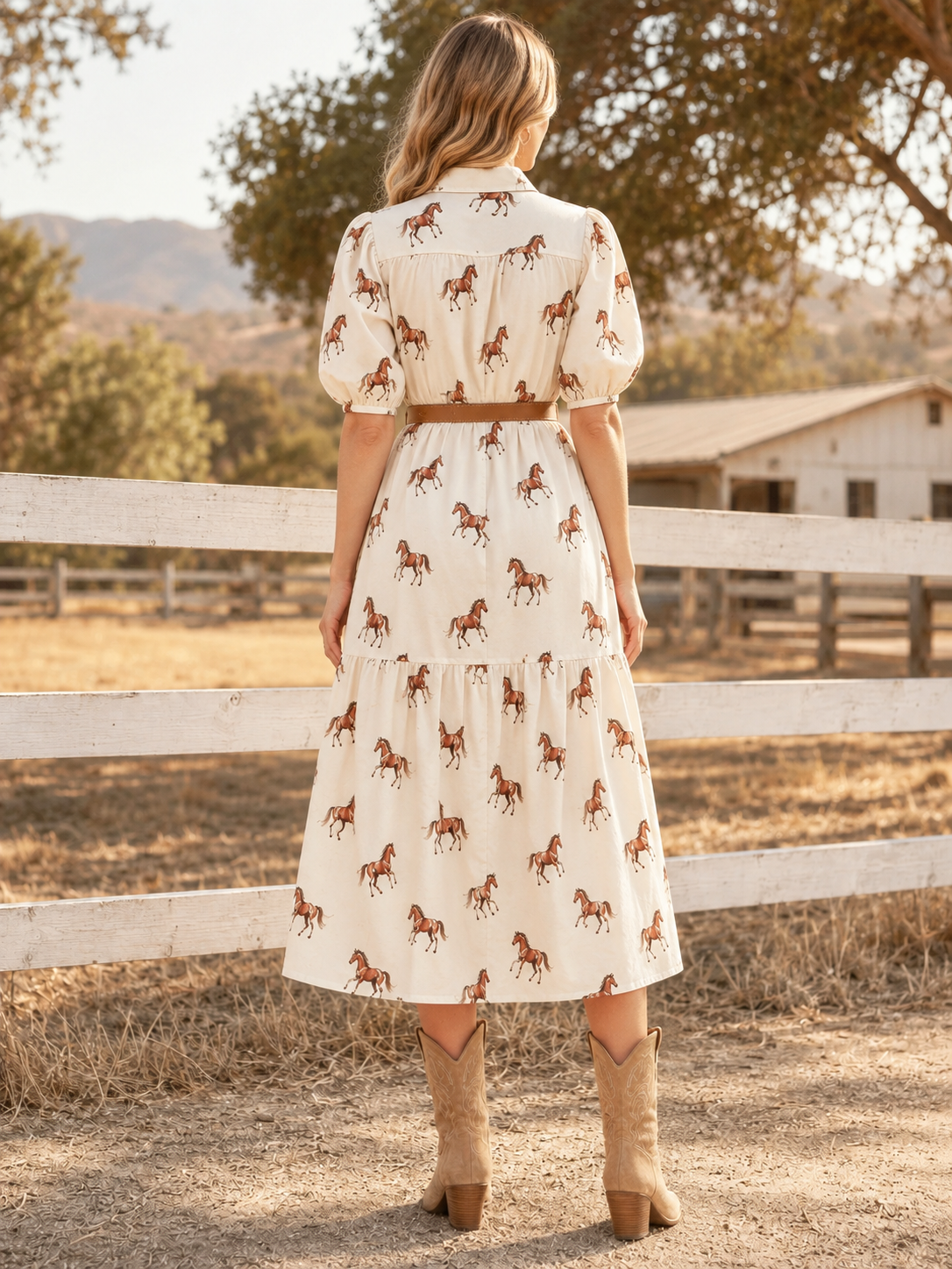Women’s Horse Print Belted Midi Shirt Dress