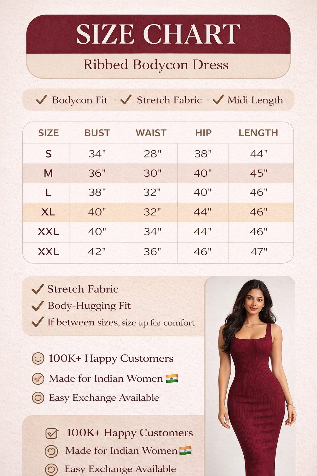 MyWestern Women’s Wine Ribbed Bodycon Midi Dress – Stretch Fit Party Wear