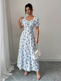 MyWestern Floral Print A-Line Maxi Dress with Puff Sleeves