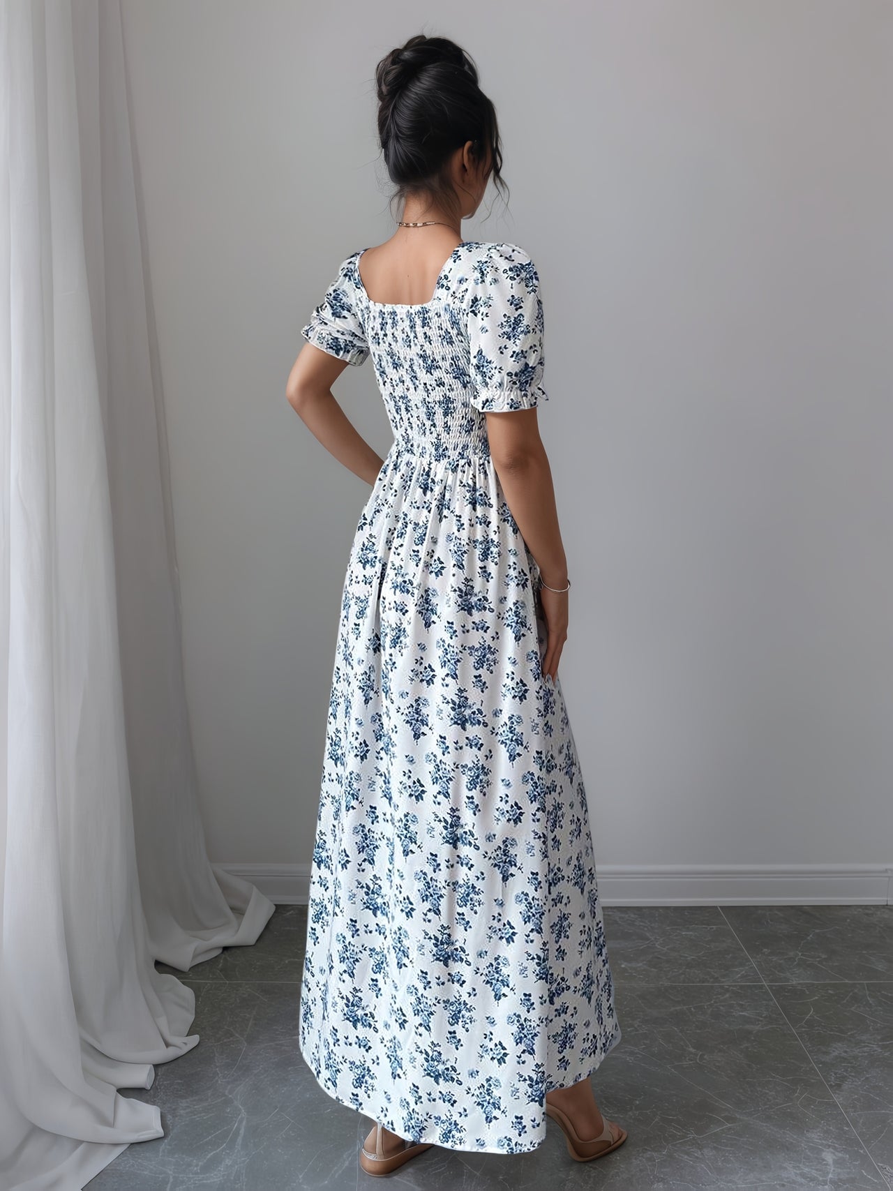 MyWestern Floral Print A-Line Maxi Dress with Puff Sleeves