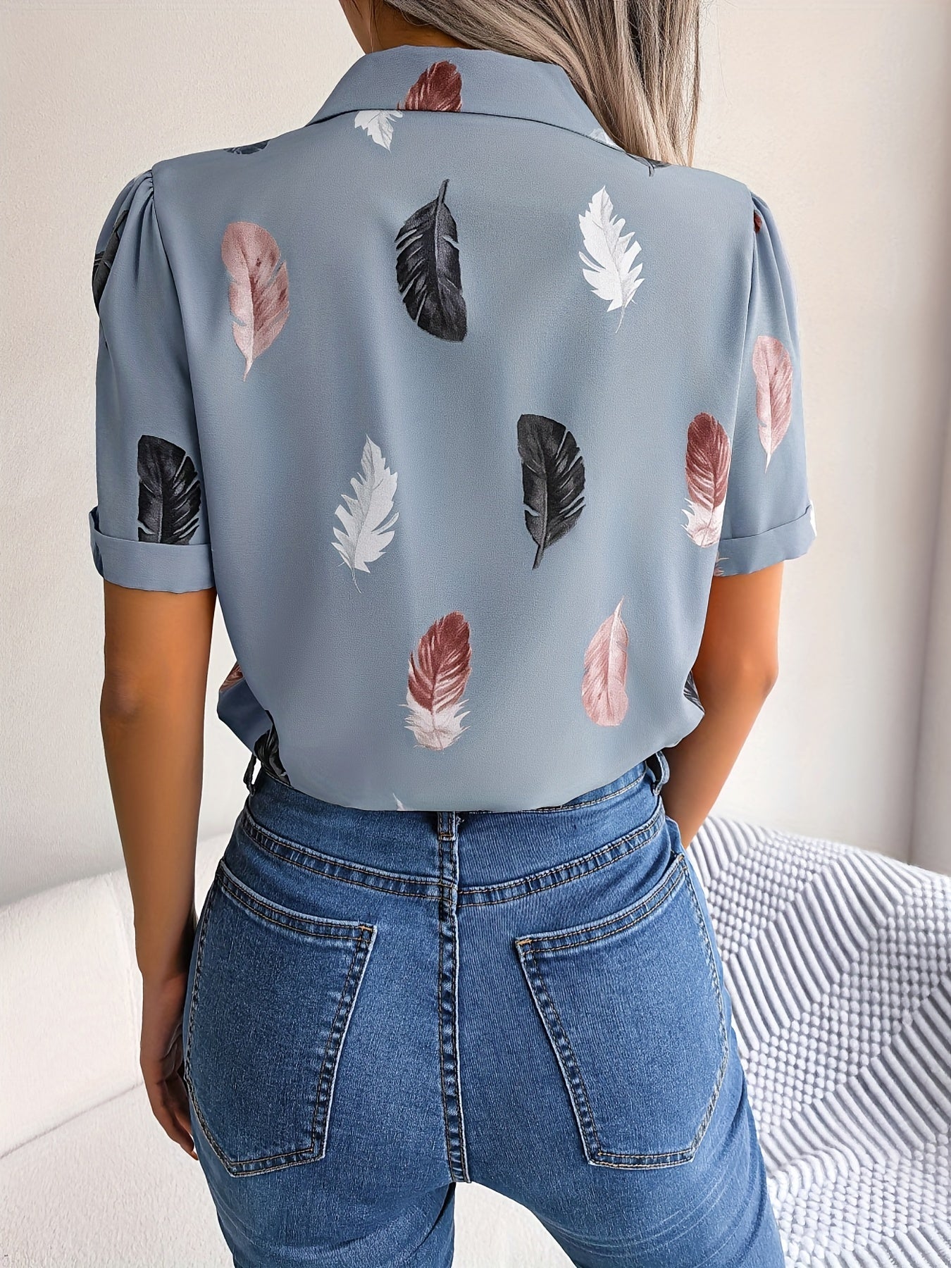 MyWestern Feather Print Light Blue Shirt