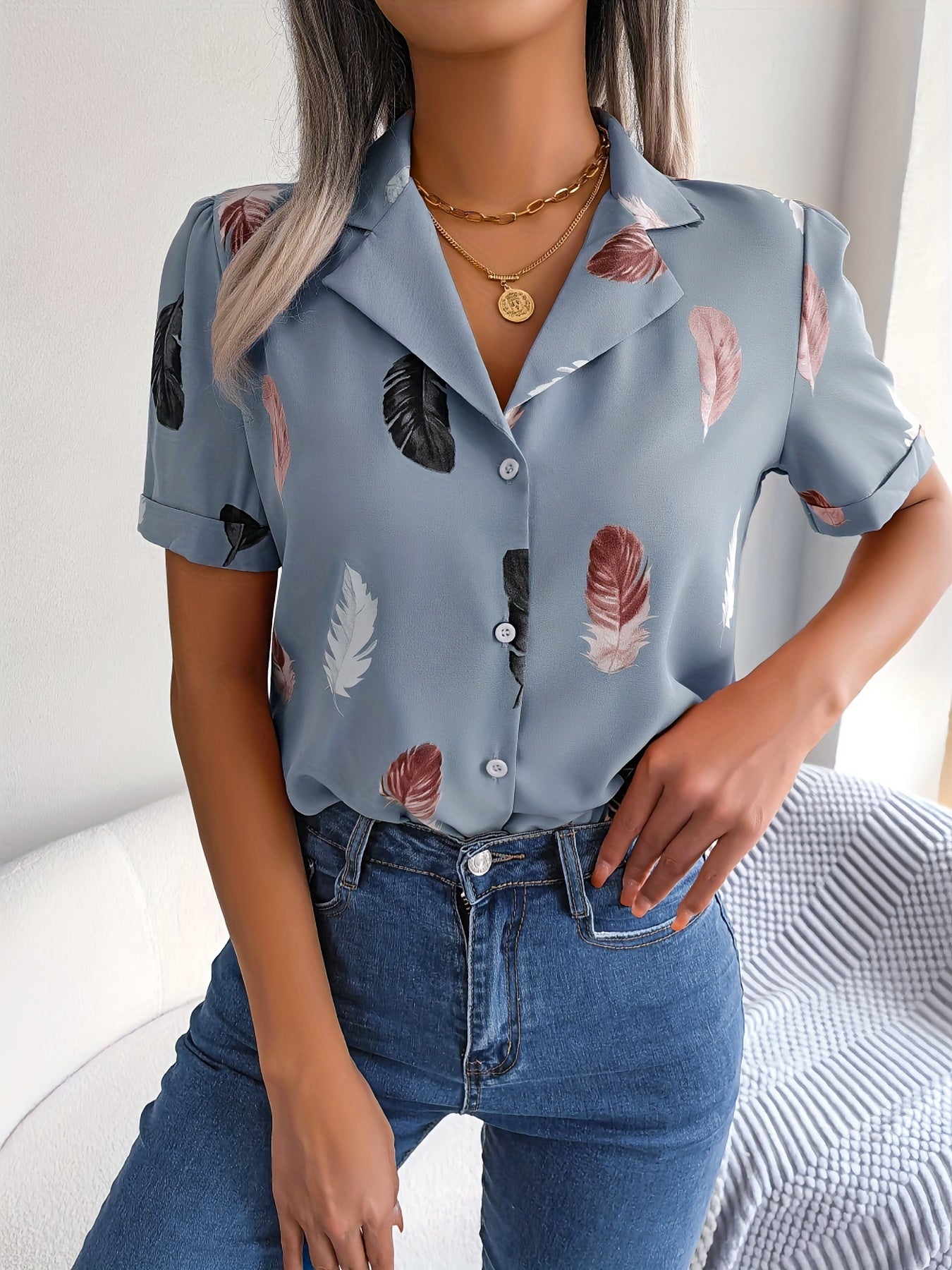 MyWestern Feather Print Light Blue Shirt
