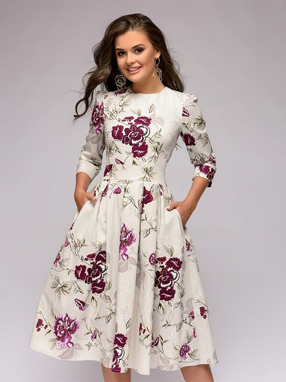 MyWestern Women Elegant Floral Print Half Sleeve Midi Dress